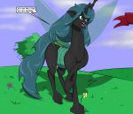  arthropod black_body changeling dialogue english_text female feral flower friendship_is_magic grass green_eyes green_hair hair hasbro hi_res insect_wings my_little_pony open_mouth outside plant queen_chrysalis_(mlp) sailoranna solo text tree wings 