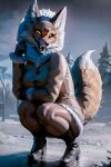  2023 ai_generated alice_the_vixen anthro breasts canid canine clothing coat crouching fangs female fur gloves glowing glowing_eyes handwear hybrid mammal open_mouth open_smile smile snow solo teeth tiny_bunny topwear winter winter_coat yellow_eyes 