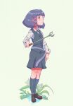  1girl absurdres avery_(little_witch_academia) black_necktie boots brown_footwear flower from_side full_body grass grey_skirt grey_socks hair_ribbon highres holding holding_wand little_witch_academia looking_to_the_side luna_nova_school_uniform necktie parted_lips pink_ribbon profile puppet_art purple_hair ribbon school_uniform shirt short_hair sidelocks simple_background skirt sleeveless sleeveless_jacket socks solo standing wand white_background white_shirt 
