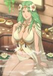  1girl absurdres alternate_costume artist_name bikini breasts cape cleavage commission fire_emblem fire_emblem:_three_houses fire_emblem_heroes flower green_eyes green_hair hair_flower hair_ornament highres indoors large_breasts lily_pad long_hair looking_at_viewer official_alternate_costume onsen rhea_(fire_emblem) rhea_(summer)_(fire_emblem) sitting solo swimsuit tak0baka water white_bikini 