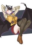  1girl alternate_costume animal_ears arms_behind_head bat_ears bat_girl bat_wings belt black_belt black_hair black_thighhighs boots brown_footwear collared_shirt daito_fruit_bat_(kemono_friends) extra_ears grey_hair highres long_sleeves multicolored_hair orange_eyes red_shorts shirt short_hair shorts solo sweater tanabe_(fueisei) thighhighs two-tone_hair wings yellow_shirt yellow_sweater 