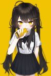  1girl absurdres bangs black_hair breasts hair_ornament hairclip highres karou_(lhscck302) long_hair neck_ribbon original pleated_skirt ribbon simple_background skirt solo spray_can twintails yellow_background yellow_eyes 