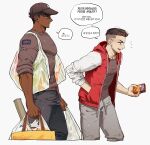  2boys bag black_hair black_pants dark-skinned_male dark_skin facial_hair grey_pants grey_shirt groceries grocery_bag hamzraider hand_in_pocket highres holding holding_bag hood hooded_jacket jacket male_focus multiple_boys mute_(rainbow_six_siege) open_clothes open_jacket open_mouth pants rainbow_six_siege red_jacket shirt shopping_bag short_hair sidecut simple_background smile smoke_(rainbow_six_siege) white_background 