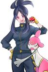  1girl :d absurdres black_hair black_jacket black_pants breasts commentary_request dendra_(pokemon) eyelashes fingerless_gloves gloves hand_on_own_hip highres holding holding_poke_ball jacket medicham open_mouth pants poke_ball poke_ball_(basic) pokemon pokemon_(creature) pokemon_(game) pokemon_sv ponytail red_eyes sidelocks simple_background sleeves_past_elbows smile tsutaya_kuni white_background yellow_gloves zipper_pull_tab 