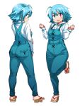  1girl adapted_costume ahoge alternate_costume blue_eyes blue_hair blue_overalls blush full_body geta heterochromia long_sleeves looking_at_viewer multiple_views open_mouth overalls red_eyes shimizu_pem shirt short_hair simple_background standing standing_on_one_leg tatara_kogasa touhou white_background white_shirt 