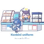  2girls apron baozi barcode_scanner blue_apron blush_stickers cash_register chibi closed_eyes convenience_store counter english_text fins fish_tail food gawr_gura gawr_gura_(1st_costume) halo highres hololive hololive_english instagram_username monja_(monja0521) multiple_girls ninomae_ina&#039;nis pixiv_username purple_hair shark_tail shop simple_background tail tentacle_hair twitter_username virtual_youtuber white_background 