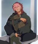  1boy backpack bag boots cuddling dark-skinned_male dark_skin eyelashes green_footwear guel_jeturk gundam gundam_suisei_no_majo highres human_(longhairhunter) long_sleeves male_focus mole mole_under_eye multicolored_hair parted_lips pink_hair sleeping sleeping_upright solo 