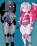  2girls arcee backpack bag black_panties blue_background blue_eyes breasts colored_skin helmet highres humanoid_robot ink_soup321 medium_breasts multiple_girls nightbird_(transformers) panties pink_panties robot thick_thighs thighs transformers underwear yellow_eyes 