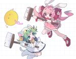  2girls :d :o anger_vein animal_ears animal_hands animal_hat apron back_bow bare_shoulders bell black_bow black_dress bow bowtie broom cat_ears cat_hat cat_tail dejiko di_gi_charat dice dice_hair_ornament dress fang frilled_socks frills full_body gema gloves green_eyes green_hair grid_background hair_bell hair_bow hair_ornament hat highres holding holding_broom jingle_bell knee_up long_hair looking_at_another maid_apron mittens morizo_(morizoshop) multiple_girls neck_bell open_mouth paw_gloves paw_shoes pink_eyes pink_hair pink_skirt puffy_short_sleeves puffy_sleeves rabbit_ears red_bow red_footwear shoes short_hair short_sleeves simple_background skin_fang skirt smile socks tail twintails usada_hikaru v-shaped_eyebrows white_apron white_background white_bow white_footwear white_gloves white_headwear white_mittens white_socks wrist_bow 