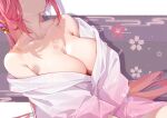  1girl absurdres akovo armpit_crease breasts chest_tattoo cleavage collarbone earrings flower_tattoo gem genshin_impact gold_earrings highres jewelry large_breasts long_hair pink_hair purple_gemstone solo tattoo vision_(genshin_impact) yae_miko 