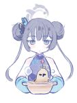  1girl blue_archive blush butterfly_hair_ornament carrot china_dress chinese_clothes cooking_pot cropped_torso double_bun dress ekoru expressionless food grey_eyes grey_hair hair_bun hair_ornament kisaki_(blue_archive) looking_at_viewer oven_mitts sketch solo twintails 