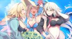  3girls :d adjusting_hair alternate_costume beach bikini black_bikini black_jacket blonde_hair blue_bikini blue_sky blue_sweater blush breasts cleavage closed_eyes collar collarbone commentary_request cropped_jacket day fate/grand_order fate_(series) gem grey_hair hairband hat holding_another&#039;s_arm jacket jeanne_d&#039;arc_(fate) jeanne_d&#039;arc_(swimsuit_archer)_(fate) jeanne_d&#039;arc_(swimsuit_archer)_(first_ascension)_(fate) jeanne_d&#039;arc_alter_(fate) jeanne_d&#039;arc_alter_(swimsuit_berserker)_(fate) jewelry large_breasts long_hair looking_at_another marie_antoinette_(fate) marie_antoinette_(swimsuit_caster)_(fate) marie_antoinette_(swimsuit_caster)_(third_ascension)_(fate) medium_breasts multiple_girls navel necklace no-kan open_mouth outdoors purple_eyes short_hair short_twintails shrug_(clothing) sky smile sun_hat sweatdrop sweater swimsuit twintails white_hair yellow_eyes 