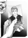  closed_mouth cup drinking_glass greyscale highres jack_krauser leon_s._kennedy monochrome muscular non-web_source photo_(object) police police_uniform resident_evil tatsumi_(psmhbpiuczn) uniform 