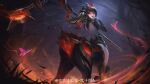  1girl 24a_(ershisiai) absurdres alternate_costume armor ass bug butterfly centaur centauroid deer_tail from_behind helmet highres holding holding_staff holding_weapon league_of_legends lillia_(league_of_legends) long_hair looking_back red_eyes staff tail taur translation_request weapon 