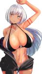  1girl absurdres arm_at_side arm_up azur_lane bare_shoulders bikini bikini_top_only blunt_bangs body_markings bodypaint breasts check_commentary choker cleavage collarbone commentary commentary_request dark-skinned_female dark_skin facial_mark forehead_mark highres huge_breasts jacket kuyu730 long_hair massachusetts_(azur_lane) native_american navel parted_lips simple_background stomach sweat swimsuit tan unzipped wet white_background white_hair yellow_eyes zipper zipper_pull_tab 