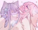  2girls ahoge animal_ears blindfold blush cat_ears chinese_commentary cloth_gag commentary_request completely_nude couple facing_another floppy_ears fox_ears fox_girl from_side gag genshin_impact hair_between_eyes hair_flaps heart heart-shaped_pupils hickey improvised_gag long_hair lusfseeds mole mole_under_eye multiple_girls nude parted_lips pink_hair portrait purple_eyes purple_hair raiden_shogun saliva saliva_trail sidelocks symbol-shaped_pupils yae_miko yuri 