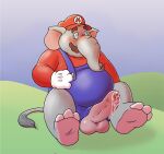  anthro belly bluebean blush bodily_fluids clothing elephant elephant_mario elephantid erection facial_hair foreskin genital_fluids genitals hat headgear headwear hi_res hypnosis male mammal mario mario_bros mind_control mustache nintendo overalls overweight penis precum proboscidean solo spiral_eyes super_mario_bros_wonder trunk 