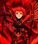  1girl absurdres badnick69_(camchi) black_bodysuit bodysuit cape chain collared_cape facing_viewer family_crest fate/grand_order fate_(series) highres holding holding_sword holding_weapon katana oda_nobunaga oda_nobunaga_(fate) oda_nobunaga_(maou_avenger)_(fate) oda_uri popped_collar red_cape red_eyes red_hair solo sword tight_top weapon 