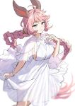  1girl absurdres ahoge aki663 animal_ears blue_eyes blush braid breasts closed_mouth dress erune granblue_fantasy highres large_breasts long_hair looking_at_viewer pink_hair see-through see-through_sleeves smile solo tien_(granblue_fantasy) very_long_hair white_dress 