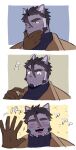  1boy ahoge animal_ears bara black_hair black_sweater blush brown_coat brown_gloves cat_boy cat_ears cheekbones closed_eyes coat commentary facial_hair furry furry_male gloves goatee hands_on_own_chin highres kimi6666 live_a_hero looking_at_viewer looking_to_the_side male_focus multiple_views open_mouth smile surprised sweater thick_eyebrows thinking tsuneaki_(live_a_hero) turtleneck turtleneck_sweater waving 