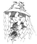  1girl closed_eyes closed_mouth commentary english_commentary greyscale hat hat_leaf mirror monochrome shide short_hair solo speargsun touhou upper_body yasaka_kanako 