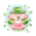  chansey closed_eyes clover easter_egg egg english_text facing_viewer green_headwear green_vest holding holding_clover holding_plant kuruta_(qulta03) no_humans open_mouth plant pokemon pokemon_(creature) shamrock solo traditional_media vest white_background 