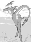  2016 anthro bent_over breasts butt female fish genitals hi_res marine monochrome non-mammal_breasts nude open_mouth outside partially_submerged pussy rear_view shark side_boob signature simple_background solo tail white_background zummeng 