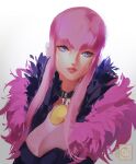  1girl blue_eyes breasts charmiisan choker cleavage feather_boa feathers hime_cut manon_(street_fighter) medal pink_hair sidelocks solo street_fighter street_fighter_6 white_background 