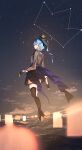  1girl absurdres asymmetrical_legwear beret black_choker black_gloves blue_eyes blue_hair blurry breasts choker cloud constellation crown depth_of_field floating frilled_skirt frills from_behind full_body gloves hat high_heels highres hololive hoshimachi_suisei hoshimachi_suisei_(1st_costume) long_sleeves looking_back mini_crown night night_sky nugget_illust ocean outdoors partially_fingerless_gloves plaid plaid_headwear plaid_shirt shirt side_ponytail single_thighhigh skirt sky small_breasts solo star_(sky) starry_sky thigh_strap thighhighs virtual_youtuber water 
