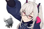  1girl ahoge grey_hair indie_virtual_youtuber long_hair long_sleeves looking_at_viewer meme non-humanoid_robot red_eyes robot robot_animal robot_dog saruei saruei_(vtuber) scar scar_across_eye simple_background smile twintails twitter_rabbit_ears_(meme) virtual_youtuber white_background 