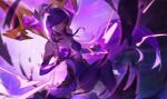  1girl bare_shoulders breasts cleavage closed_mouth elbow_gloves facial_mark feet_out_of_frame gem gloves highres kai&#039;sa l+_(colour0816) league_of_legends long_hair looking_at_viewer medium_breasts multicolored_background pleated_skirt purple_glvoes purple_hair purple_thighhighs skirt smile solo star_guardian_kai&#039;sa thighhighs 