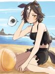  1girl animal_ears ball bare_arms bare_shoulders barefoot beach beachball bikini black_bikini black_hair blue_sky blush breasts cleavage closed_mouth cloud commentary_request day ears_down frilled_bikini frills hair_over_one_eye hand_up highres hiyo_(2016.10) horse_ears horse_girl horse_tail long_hair looking_at_viewer low_ponytail medium_breasts multicolored_hair on_ground outdoors ponytail sand sitting sky solo spoken_squiggle squiggle sweat swimsuit tail two-tone_hair umamusume very_long_hair vodka_(umamusume) wariza water white_hair yellow_eyes 