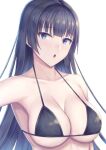  1girl :o absurdres bikini black_bikini black_hair blue_eyes breasts cleavage collarbone commentary_request highres large_breasts long_hair ohguro_mariya original parted_lips simple_background solo swimsuit underboob upper_body white_background 