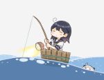  2girls ahoge blush_stickers chibi closed_eyes fishing fishing_rod multiple_girls northern_little_sister ocean ribbon saiguchi_otoufu sailor_collar school_uniform searchlight serafuku ushio_(kancolle) wooden_bathtub 