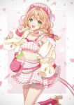  1girl blonde_hair braid choker earrings flower_earrings green_eyes highres indie_virtual_youtuber jacket jewelry kohano_arisa kowano long_hair midriff official_art open_clothes open_jacket pink_choker pink_headwear pink_nails pink_ribbon pink_skirt plaid plaid_skirt ribbon skirt solo standing standing_on_one_leg twin_braids v virtual_youtuber yellow_jacket 