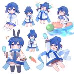  1boy animal_ears black_thighhighs blue_eyes blue_hair chibi fake_animal_ears food hairband highres holding holding_food holding_popsicle kaito_(vocaloid) kemonomimi_mode looking_at_viewer mogu_(wy5xrt7w) popsicle project_diva_(series) rabbit_boy rabbit_ears rabbit_tail short_hair tail thighhighs vocaloid 