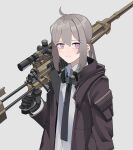  absurdres ahoge black_gloves black_jacket black_necktie bolt_action brown_jacket cheytac_m200 closed_mouth collared_shirt commentary dress_shirt ear_protection expressionless gar32 girls&#039;_frontline gloves grey_background grey_hair gun hair_between_eyes highres holding holding_gun holding_weapon jacket long_hair looking_at_viewer m200_(girls&#039;_frontline) name_connection necktie object_namesake open_clothes open_jacket pink_eyes ponytail rifle scope shirt sniper_rifle upper_body weapon white_shirt 