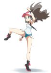  1girl :o absurdres asamaru1225 baseball_cap black_footwear black_vest black_wristband boots brown_hair clenched_hands eyelashes full_body green_eyes hat high_ponytail highres hilda_(pokemon) knees leg_up long_hair open_clothes open_mouth open_vest parted_lips pokemon pokemon_(game) pokemon_bw shirt shorts sidelocks socks solo standing standing_on_one_leg vest white_background white_headwear white_shirt 