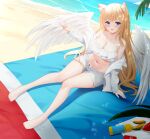  1girl absurdres animal_ears bare_shoulders barefoot beach beach_mat blonde_hair blue_eyes breasts cat_ears cleavage collarbone feathered_wings highres jacket large_breasts long_hair long_sleeves looking_at_viewer midriff navel off_shoulder open_clothes open_fly open_jacket open_mouth original shenqi_(toid310) short_shorts shorts sitting smile solo stomach strapless thighs tube_top very_long_hair white_jacket white_shorts wings 