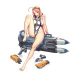  1girl ahoge bare_legs barefoot beast_hunter_(last_origin) black_footwear black_gloves breasts covered_navel feet full_body game_cg gloves gloves_removed goggles goggles_on_head groin_tendon hair_intakes highleg highleg_swimsuit highres huge_ahoge kakiman last_origin leg_up long_hair looking_at_viewer medium_breasts official_alternate_costume official_art one-piece_swimsuit one_eye_closed pink_hair rebreather red_eyes shoes shoes_removed sitting skindentation solo swimsuit tachi-e thick_thighs thighs torpedo torpedo_launcher transparent_background wet white_one-piece_swimsuit 