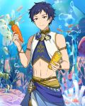  1boy air_bubble bare_shoulders blue_hair bubble carrot closed_mouth coral corn cowboy_shot dark_blue_hair ensemble_stars! fingernails fish fushimi_yuzuru hand_up happy_elements holding holding_carrot holding_corn male_focus mole mole_under_eye multicolored_hair official_art purple_eyes shell short_bangs short_hair sleeveless solo split-color_hair stomach third-party_source 