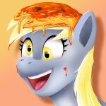  2022 blonde_hair derp_eyes derpy_hooves_(mlp) digital_media_(artwork) equid equine eyelashes female feral food friendship_is_magic fur greenybeanz grey_body grey_fur hair happy hasbro hi_res horse mammal my_little_pony open_mouth open_smile pasta pony smile solo spaghetti teeth yellow_eyes 