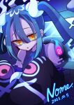  1girl absurdres artist_name blue_hair commentary dark_blue_hair dated ghost_miku_(project_voltage) hatsune_miku highres long_hair looking_at_viewer making-of_available orange_eyes pokemon project_voltage shino_nome signature solo through_screen twintails vocaloid watermark yellow_eyes 