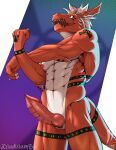  abs anthro bandai_namco digimon digimon_(species) dragon genitals growlmon hi_res iudicium86 knot low-angle_view male muscular nipples penis reptile ridged_penis scalie slit solo stretching 