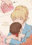  1boy 1other amilyluci_fer baby blonde_hair blue_suit blush brown_hair closed_eyes earrings formal happy_birthday highres hunter_x_hunter jewelry kiss kissing_forehead kurapika pairo phone red_tabard shirt suit tabard upper_body white_shirt 