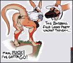  absurd_res anthro anus baseball_cap baseball_uniform bent_over bodily_fluids butt clothing crouching dialogue dripping erection exhibitionism feces gaping gaping_anus genital_fluids genitals hat headgear headwear hi_res kangaroo macropod male mammal marsupial motion_lines muzzle_(disambiguation) muzzle_(object) muzzled penis perineum pooping pooping_on_floor precum precum_drip profanity pubes rear_view scat smellyroob solo speech_bubble sportswear uniform urine_drip 