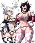  2girls :d absurdres animal_print bare_shoulders bell black_choker black_hair bow bow_panties bra breasts choker commentary cow_print cow_tail cowboy_shot fake_tail fangs green_eyes hair_between_eyes hand_on_own_chest heart highres horns jacket large_breasts long_sleeves looking_at_viewer multiple_girls navel neck_bell open_clothes open_jacket open_mouth original panties purple_eyes rageman709 sheo_(rageman709) short_hair side-tie_panties simple_background smile speech_bubble standing stomach tail thighhighs thighs thought_bubble underwear white_background white_hair 