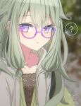  1girl ? bespectacled blurry blurry_background brown_camisole buttons camisole cardigan casual collarbone commentary drawstring esreverebirth glasses green_cardigan hair_flaps highres hood hood_down kusanagi_nene lace-trimmed_camisole lace_trim layered_clothes light_green_hair long_hair looking_at_viewer low-tied_long_hair open_clothes outdoors parted_lips project_sekai purple-framed_eyewear purple_eyes semi-circular_eyewear signature solo spoken_question_mark upper_body 