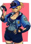  1girl absurdres ap_cammy baseball_cap blonde_hair blue_eyes blue_headwear blue_jacket blue_shorts breasts cleavage cropped_jacket cuffs eyewear_on_head final_fight fingerless_gloves gloves hand_on_own_hip handcuffs hat highres holding holding_handcuffs jacket lucia_morgan police police_uniform policewoman shorts solo street_fighter street_fighter_v striped striped_thighhighs thighhighs uniform 