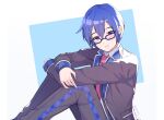  1boy artist_name black-framed_eyewear blazer blue_eyes blue_hair blue_nails blush collared_shirt commentary dreamxiety english_commentary fingernails glasses highres jacket kaito_(vocaloid) knees_up lapels leo/need_(project_sekai) leo/need_kaito long_sleeves looking_at_viewer male_focus necktie notched_lapels parted_lips project_sekai red_necktie school_uniform shirt short_hair sitting solo two-tone_background vocaloid white_shirt 